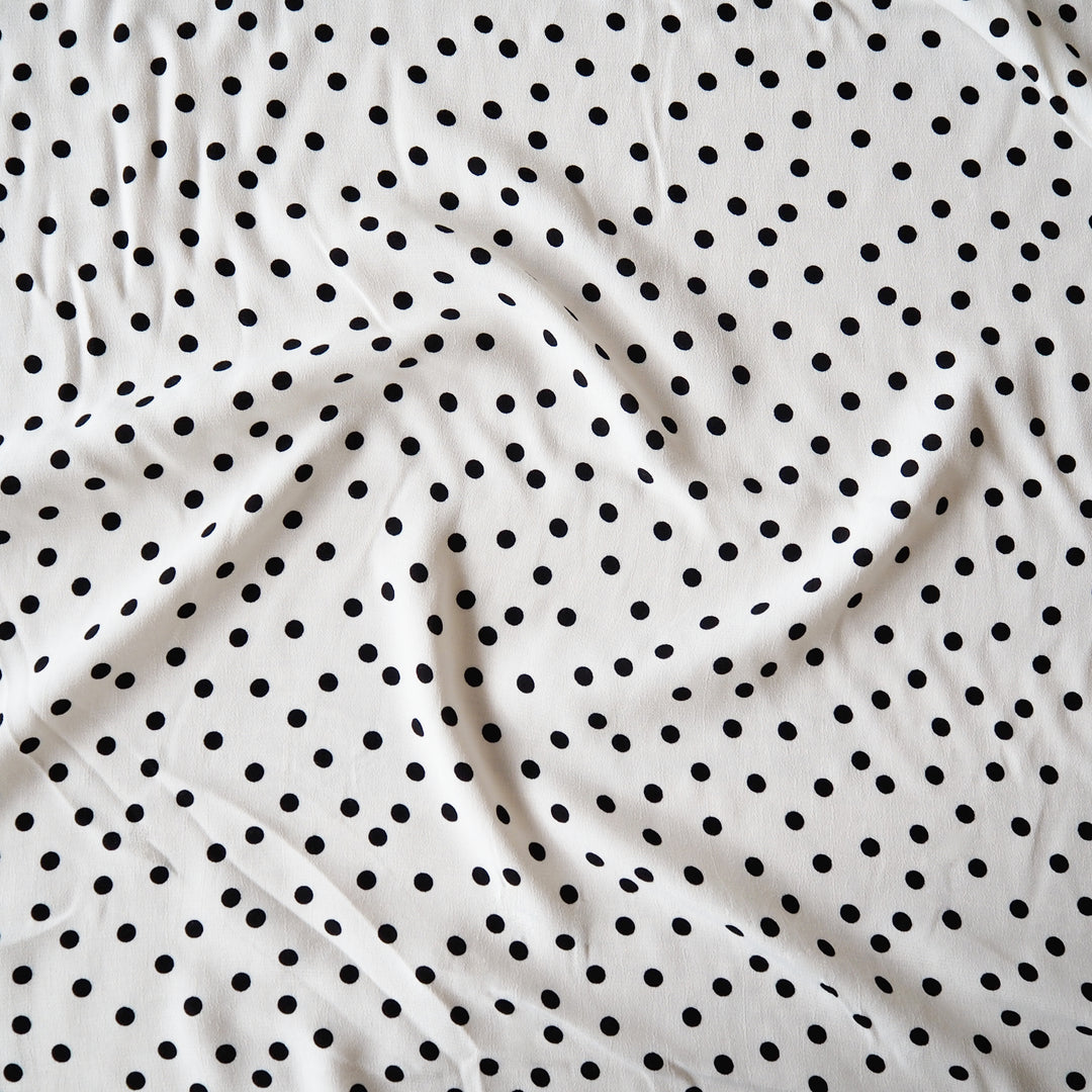 Fabric Godmother Ivory Vivian Polka Dot Viscose Crepe Fabric – ivory viscose crepe with black polka dots