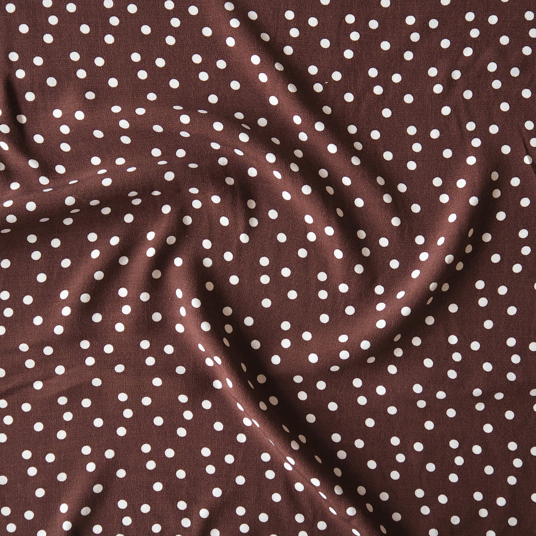 Fabric Godmother Mocha Vivian Polka Dot Viscose Crepe Fabric – mocha viscose crepe with ivory polka dots