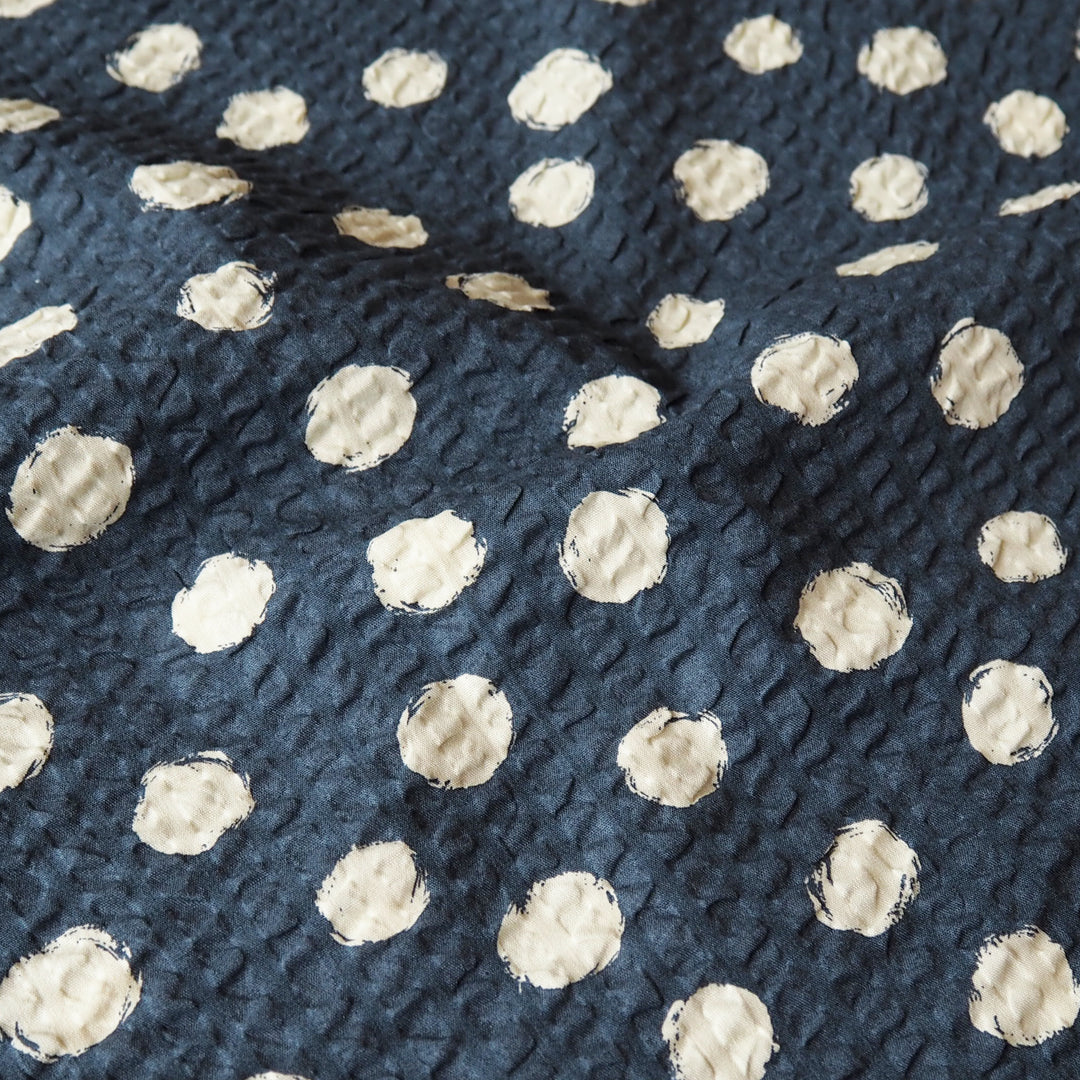 Sevenberry Navy Spotty Ripple Seersucker Cotton dressmaking Fabric