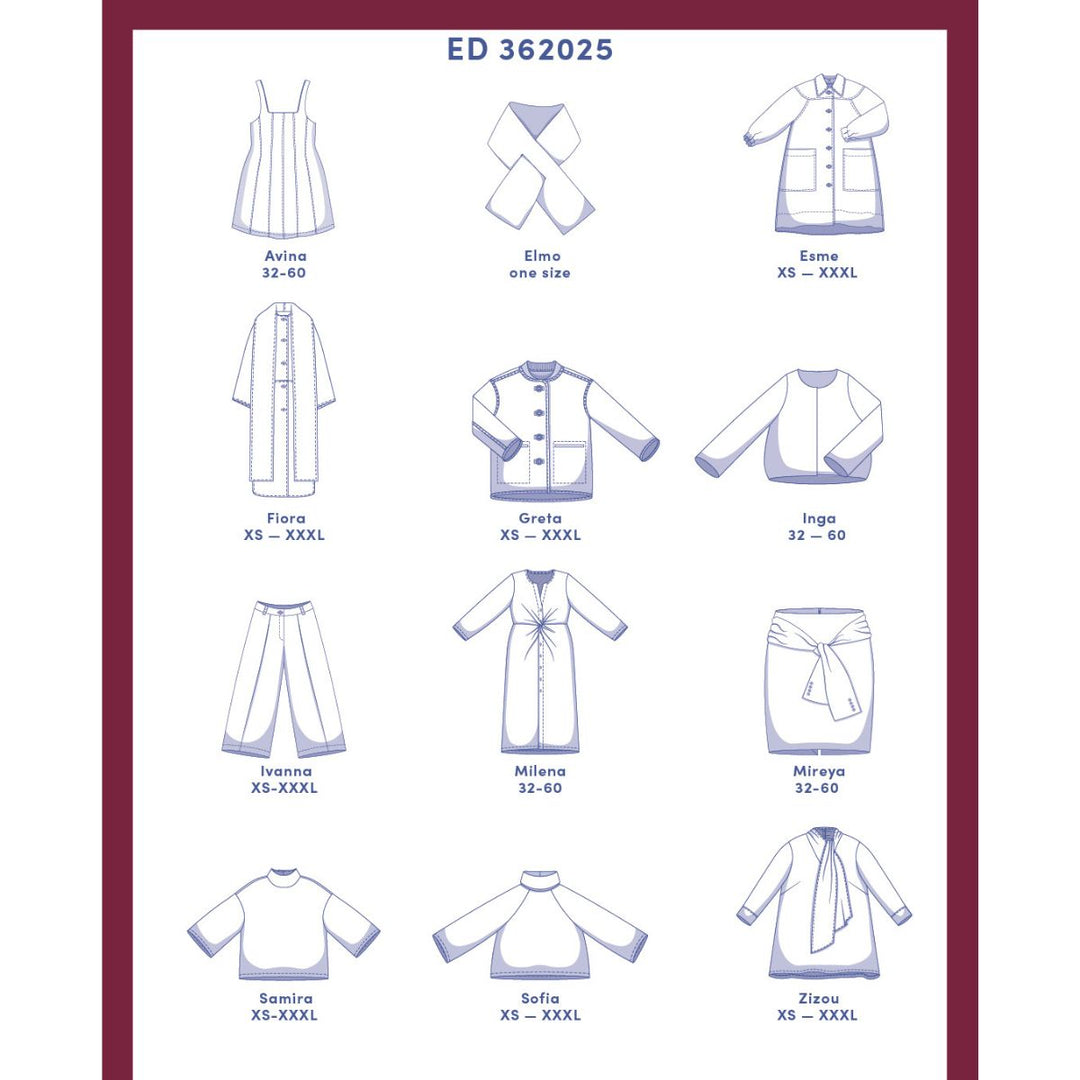Catalogue page with various clothing items and their sizes on a white background.
