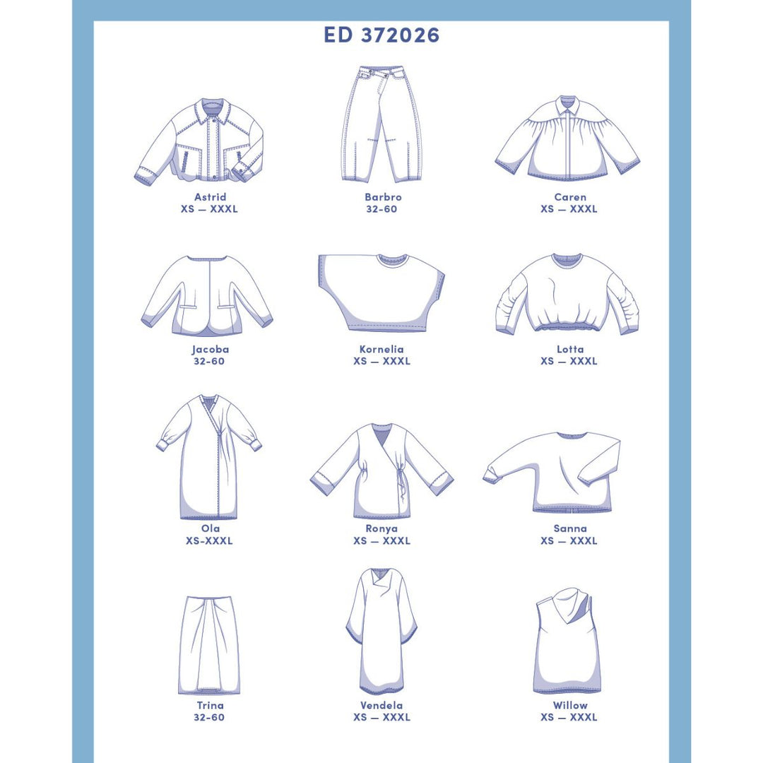 Catalogue page with line drawings of various clothing items and their size ranges on a light blue background.