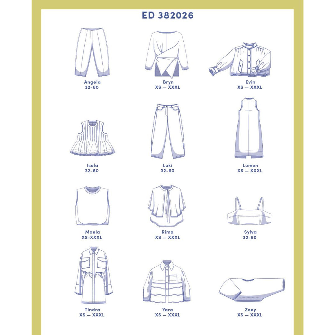 Catalogue page with line drawings of various clothing items and their size ranges.