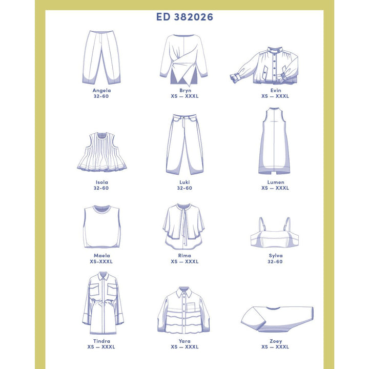 Catalogue page with line drawings of various clothing items and their size ranges.