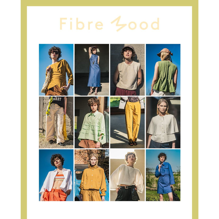 Collage of people wearing colorful clothing with 'Fibre Mood' branding.