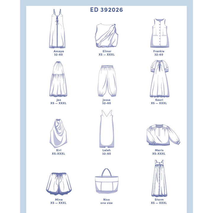 Illustrations of various clothing items with size labels on a light blue background