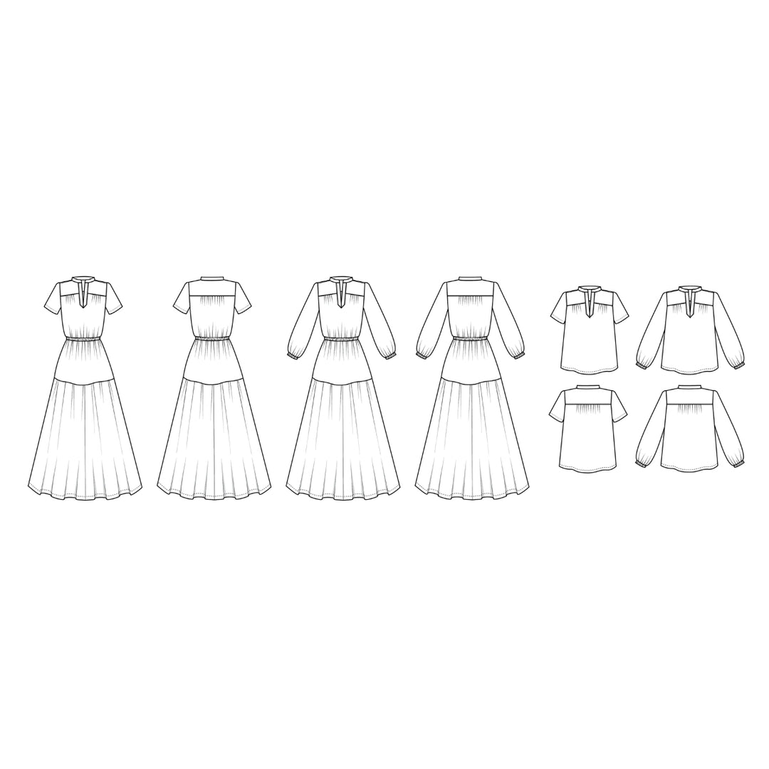 Black and white line art sketches of multiple women's dress and blouse silhouettes arranged in a row on a plain white background.