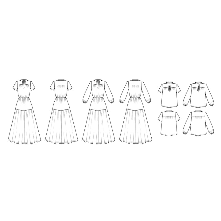 Black and white line art sketches of multiple women's dress and blouse silhouettes arranged in a row on a plain white background.