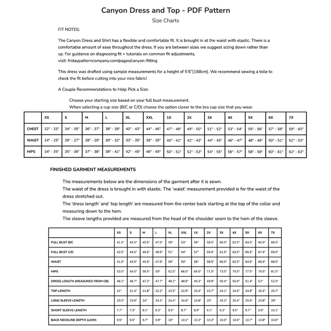 A size chart and fit notes sheet for a 'Canyon Dress and Top - PDF Pattern' sewing pattern, displaying garment measurements in a tabular format.