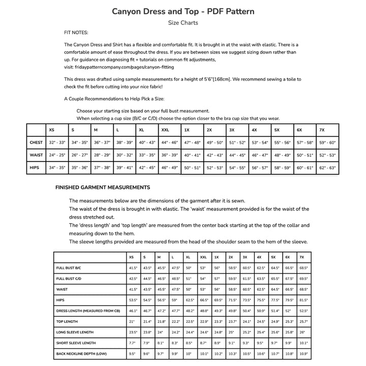 A size chart and fit notes sheet for a 'Canyon Dress and Top - PDF Pattern' sewing pattern, displaying garment measurements in a tabular format.