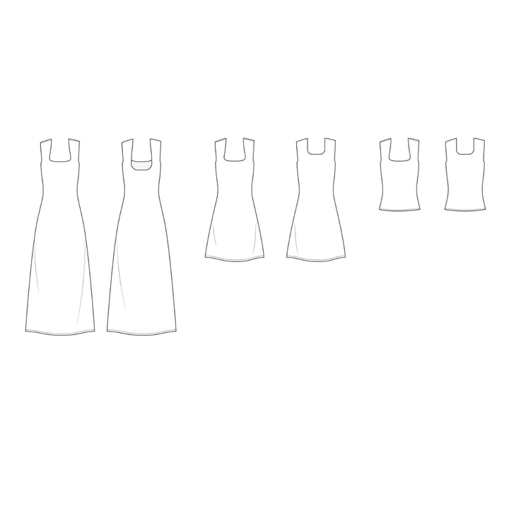 A simple line drawing showing six sleeveless dress or tunic silhouettes in different sizes on a plain white background.