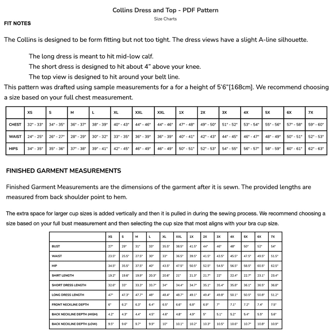 A size chart and fit notes table for the Collins Dress and Top PDF pattern, showing finished garment measurements by cup size and height.