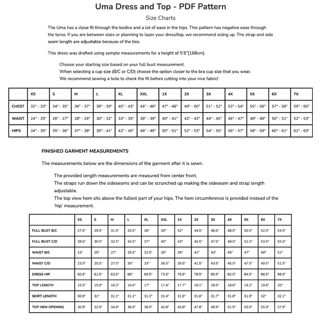 A black-and-white size chart and garment measurement table for a 'Uma Dress and Top - PDF Pattern' sewing pattern, showing sizing from XS to 7X with measurements for chest, waist, and hips.