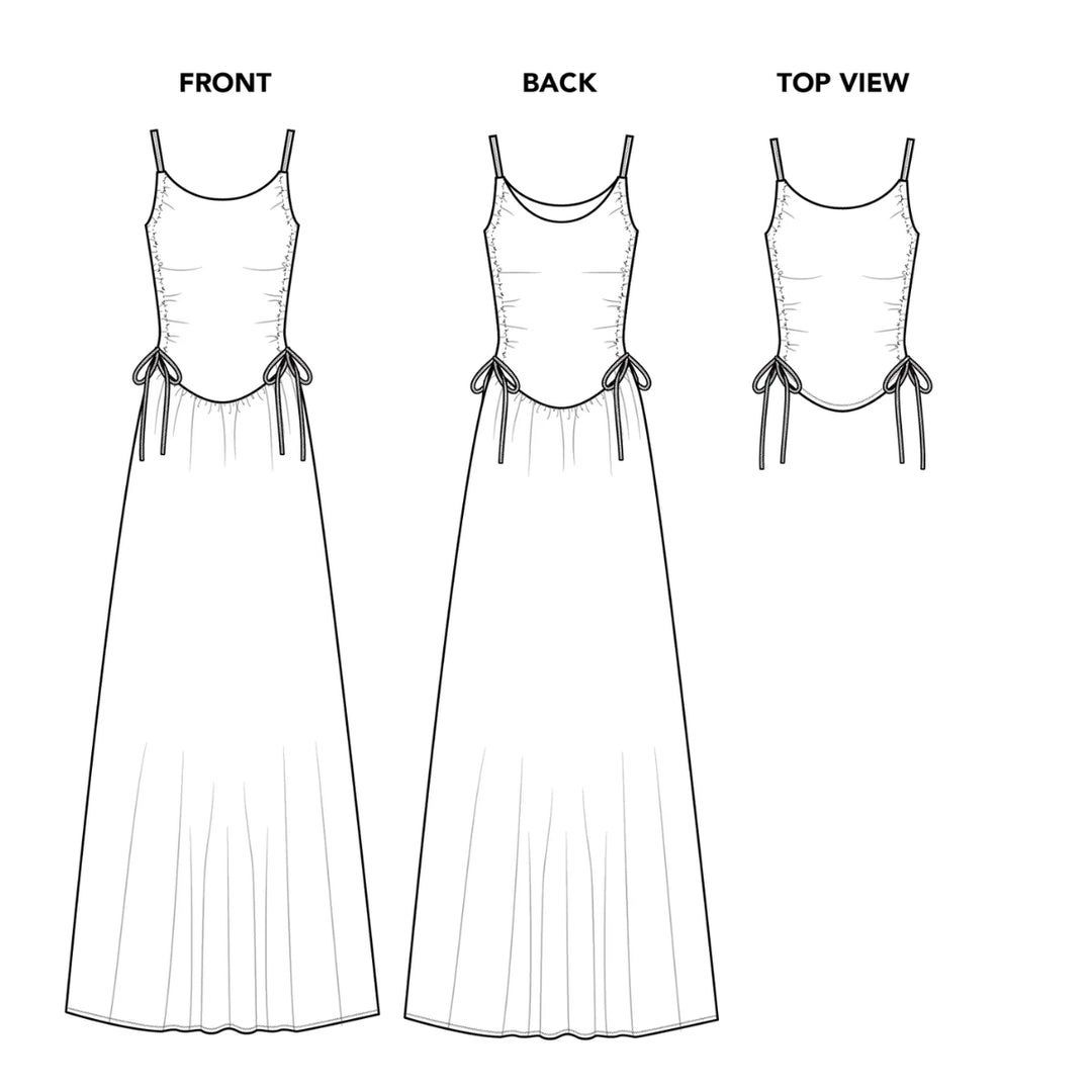 Black and white technical line drawing showing three views of a sleeveless maxi dress: FRONT, BACK, and TOP VIEW, with front and back shown in full and the top view cropped to the waist ties.