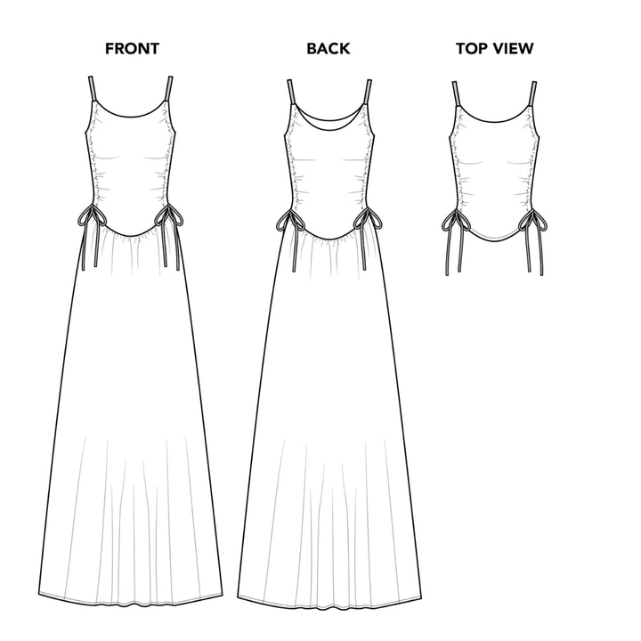 Black and white technical line drawing showing three views of a sleeveless maxi dress: FRONT, BACK, and TOP VIEW, with front and back shown in full and the top view cropped to the waist ties.