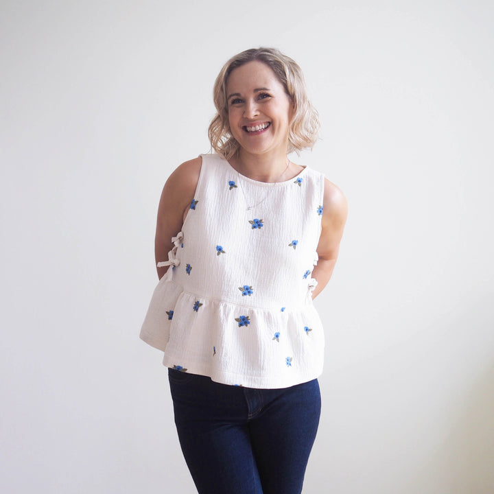 Lauren's Leah Top in Blueberry Bunches Embroidered Double Gauze