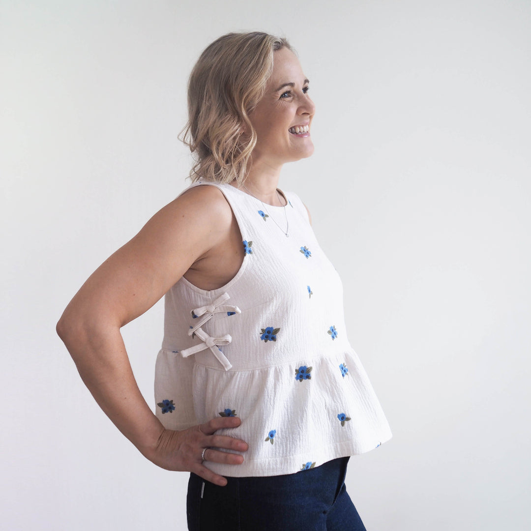 Lauren's Leah Top in Blueberry Bunches Embroidered Double Gauze