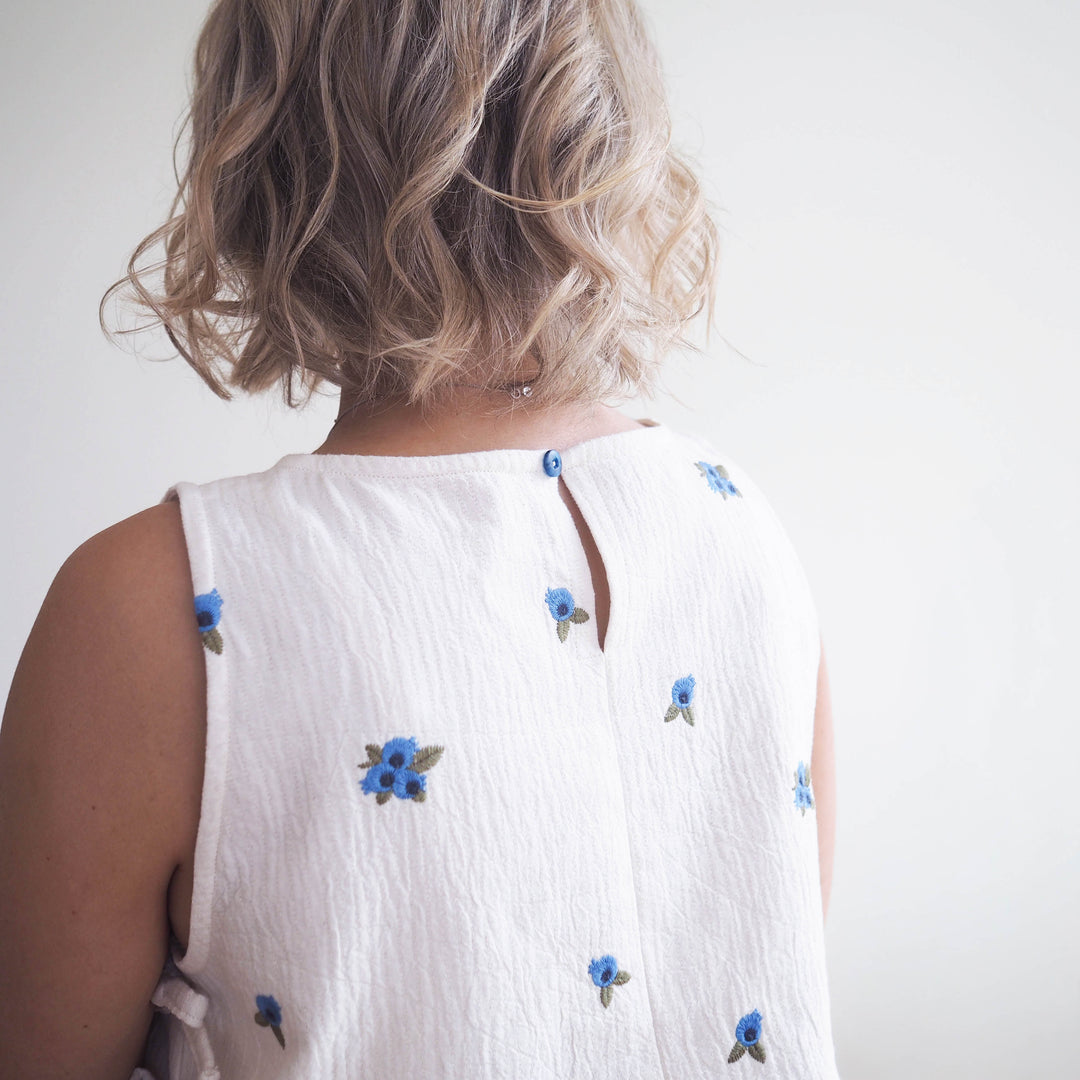 Lauren's Leah Top in Blueberry Bunches Embroidered Double Gauze