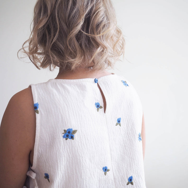 Lauren's Leah Top in Blueberry Bunches Embroidered Double Gauze