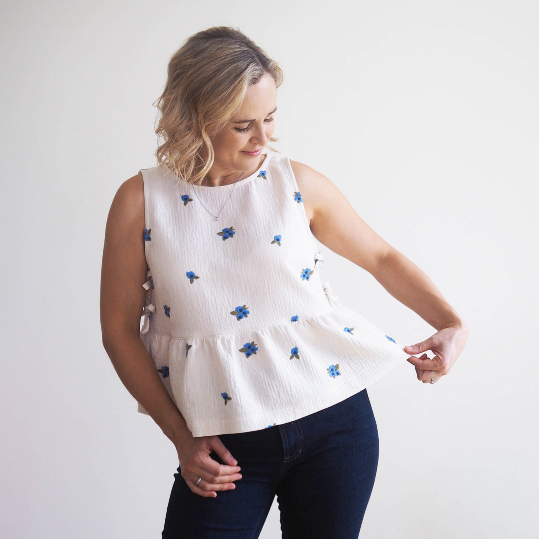 Lauren's Leah Top in Blueberry Bunches Embroidered Double Gauze