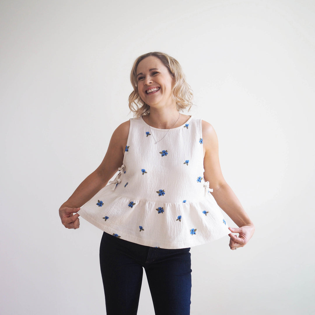 Lauren's Leah Top in Blueberry Bunches Embroidered Double Gauze