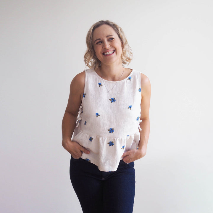 Lauren's Leah Top in Blueberry Bunches Embroidered Double Gauze