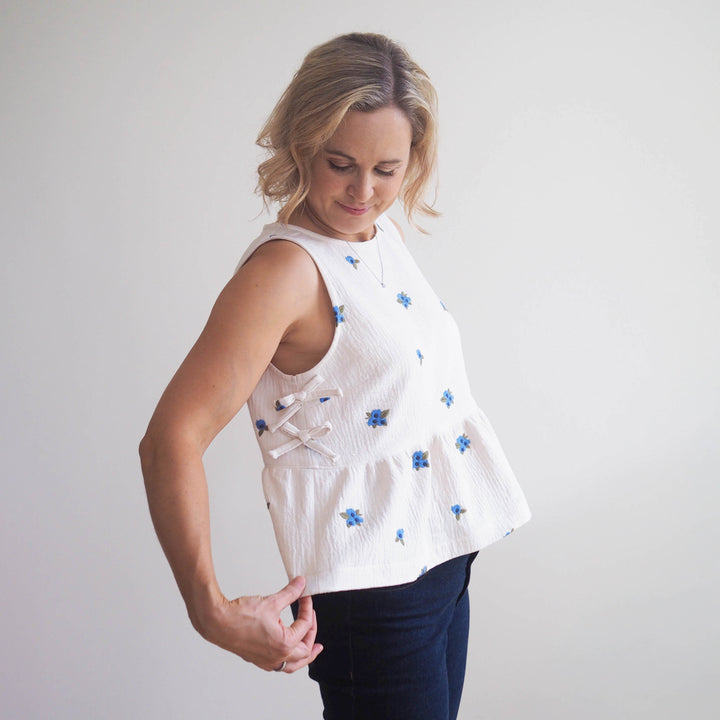Lauren's Leah Top in Blueberry Bunches Embroidered Double Gauze