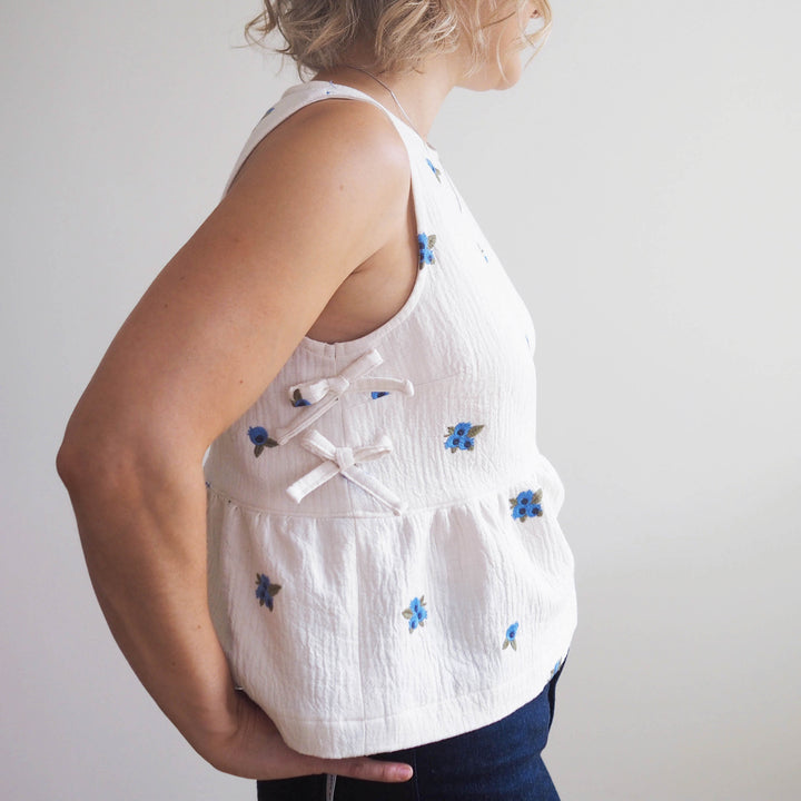 Lauren's Leah Top in Blueberry Bunches Embroidered Double Gauze