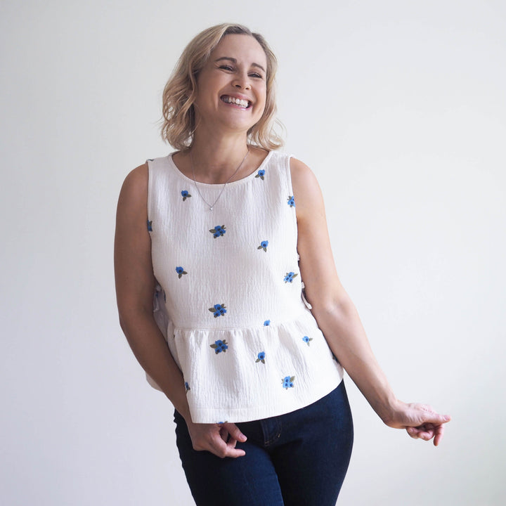 Lauren's Leah Top in Blueberry Bunches Embroidered Double Gauze