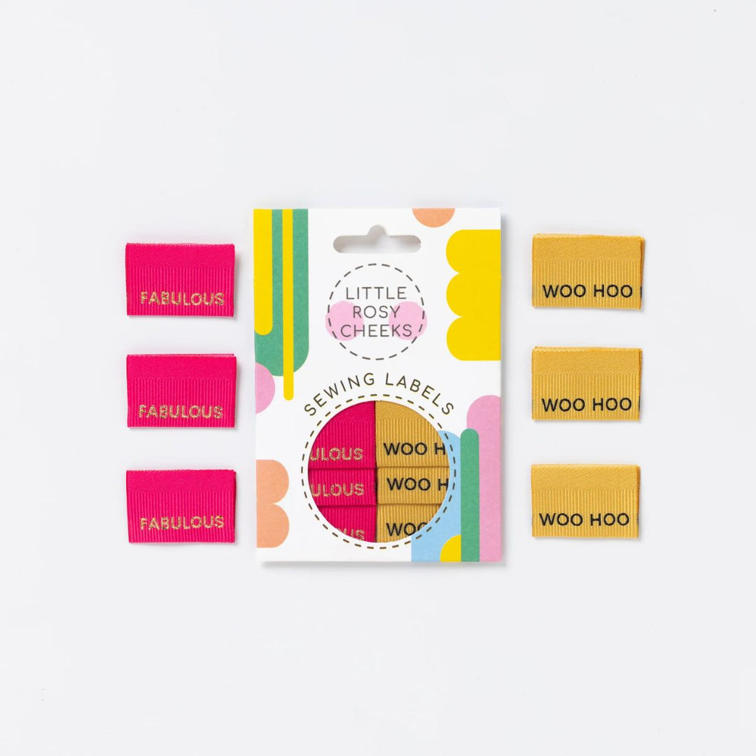 Set of colorful sewing labels with 'Little Rosy Cheeks' branding on a white background.