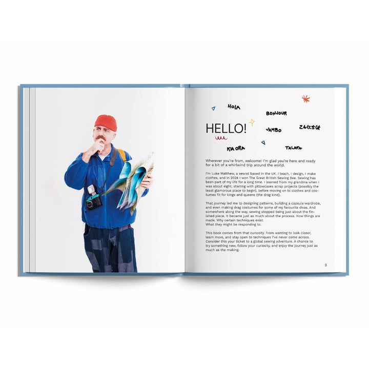 An open book laid flat on a white background, showing a printed cover or interior spread with a large photo of a man in a blue jacket and red cap on the left page and text with small colorful icons on the right page.