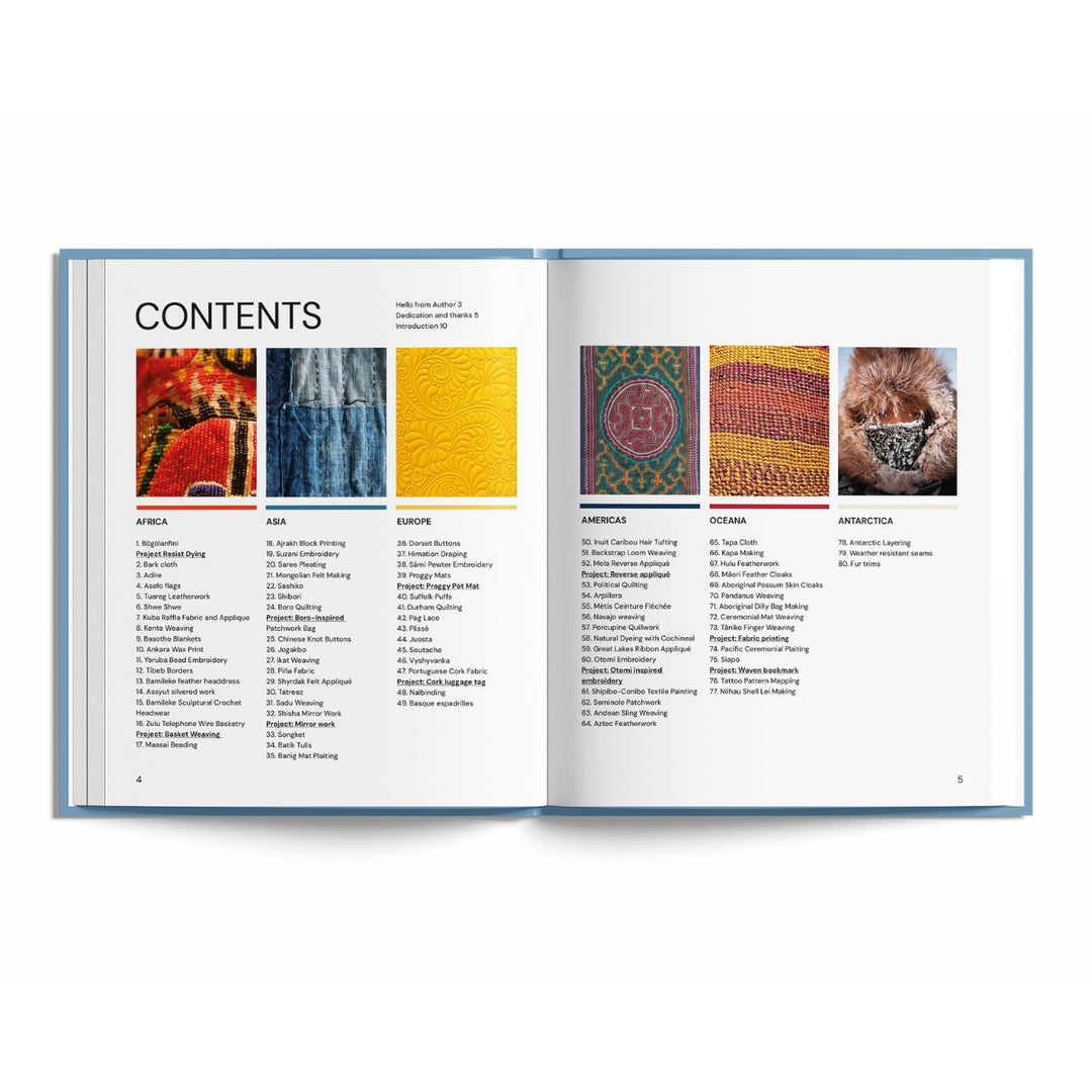 An open book spread showing a detailed contents page with text sections for Africa, Asia, Europe, Americas, Oceania, and Native America, alongside small inset images of textiles and a woven pattern.