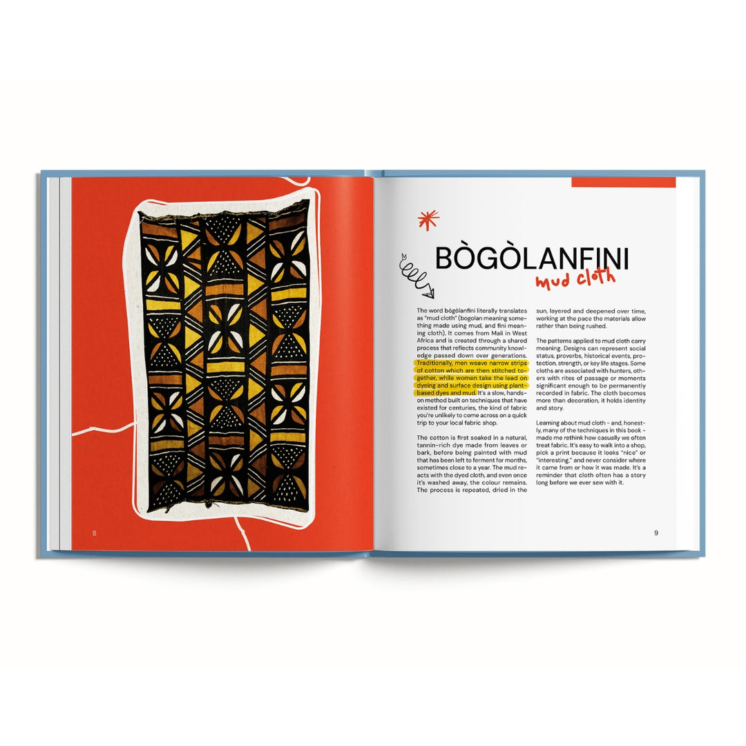 An open book or magazine spread showing a colorful textile pattern on the left page and printed text on the right page, photographed against a plain white background.