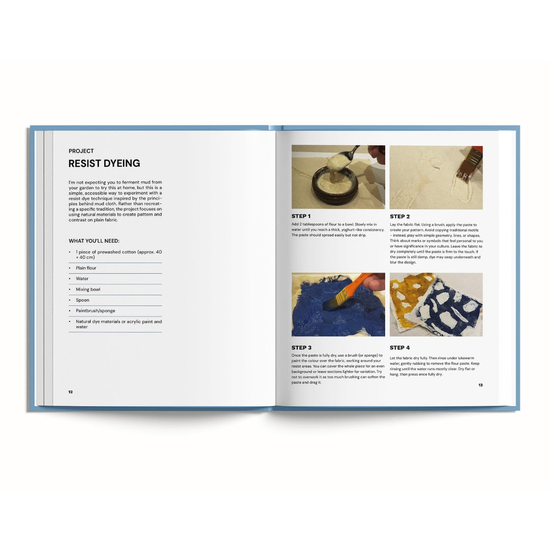 An open book showing a resist dyeing instructions page with text, small photos, and numbered steps on a white background.