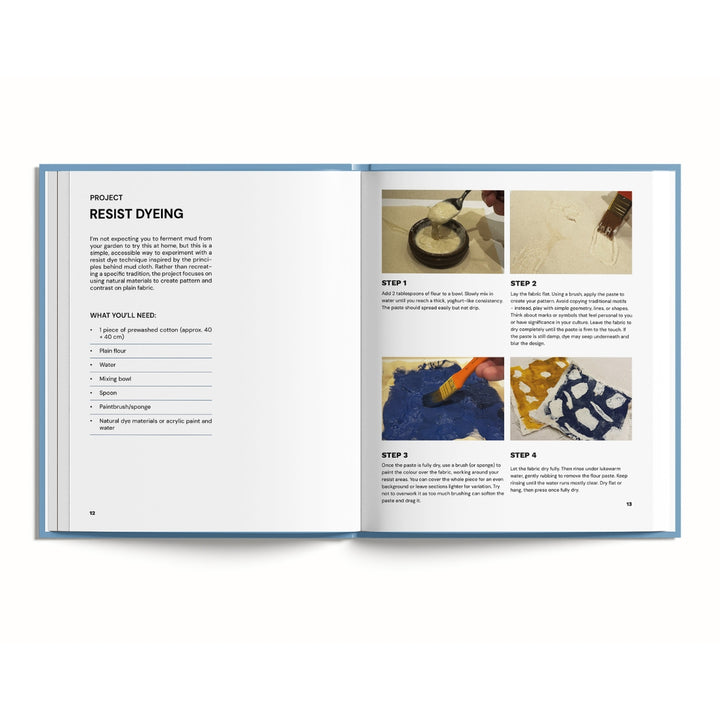 An open book showing a resist dyeing instructions page with text, small photos, and numbered steps on a white background.
