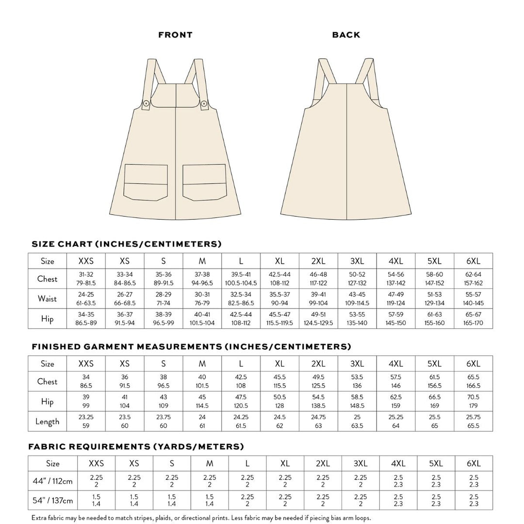Measurement chart for a dress with front and back views, size chart, and fabric requirements.