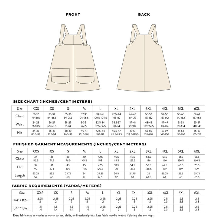 Measurement chart for a dress with front and back views, size chart, and fabric requirements.
