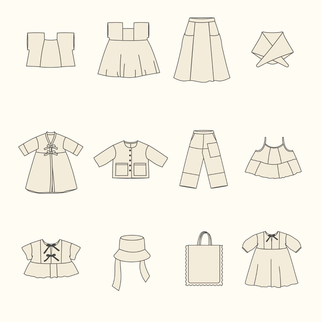 Collection of beige clothing items including dresses, skirts, pants, and a bag on a white background