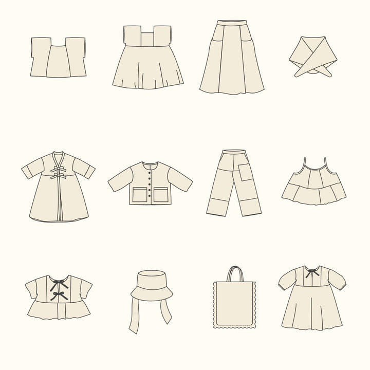 Collection of beige clothing items including dresses, skirts, pants, and a bag on a white background