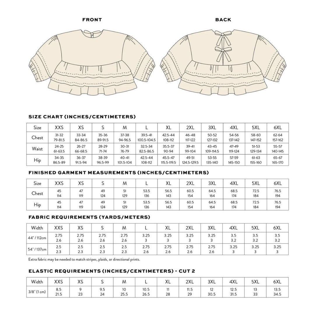Size chart for a garment with front and back views, including measurements in inches and centimeters.