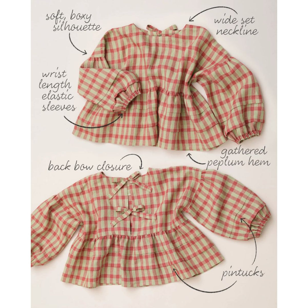 Red and green checkered blouse with labeled features on a white background
