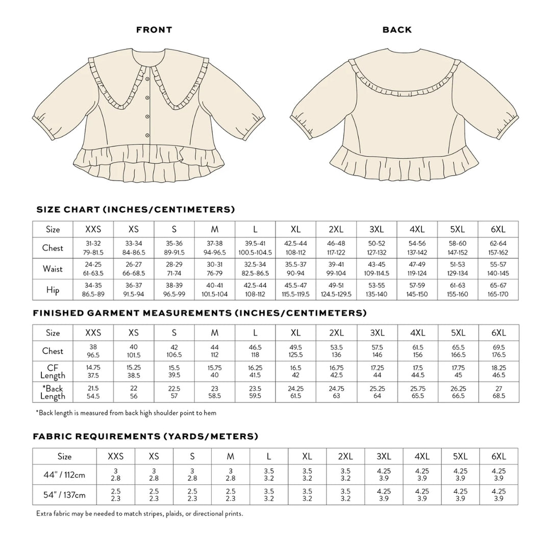 Size chart and fabric requirements for a garment with front and back views.