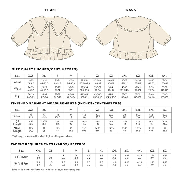 Size chart and fabric requirements for a garment with front and back views.