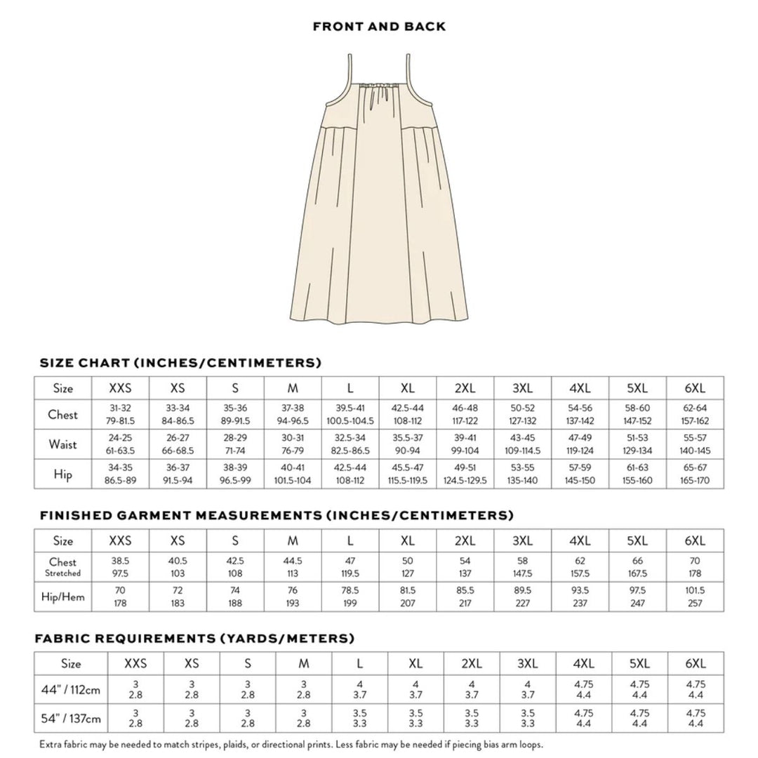 Size chart for a dress with front and back measurements on a white background