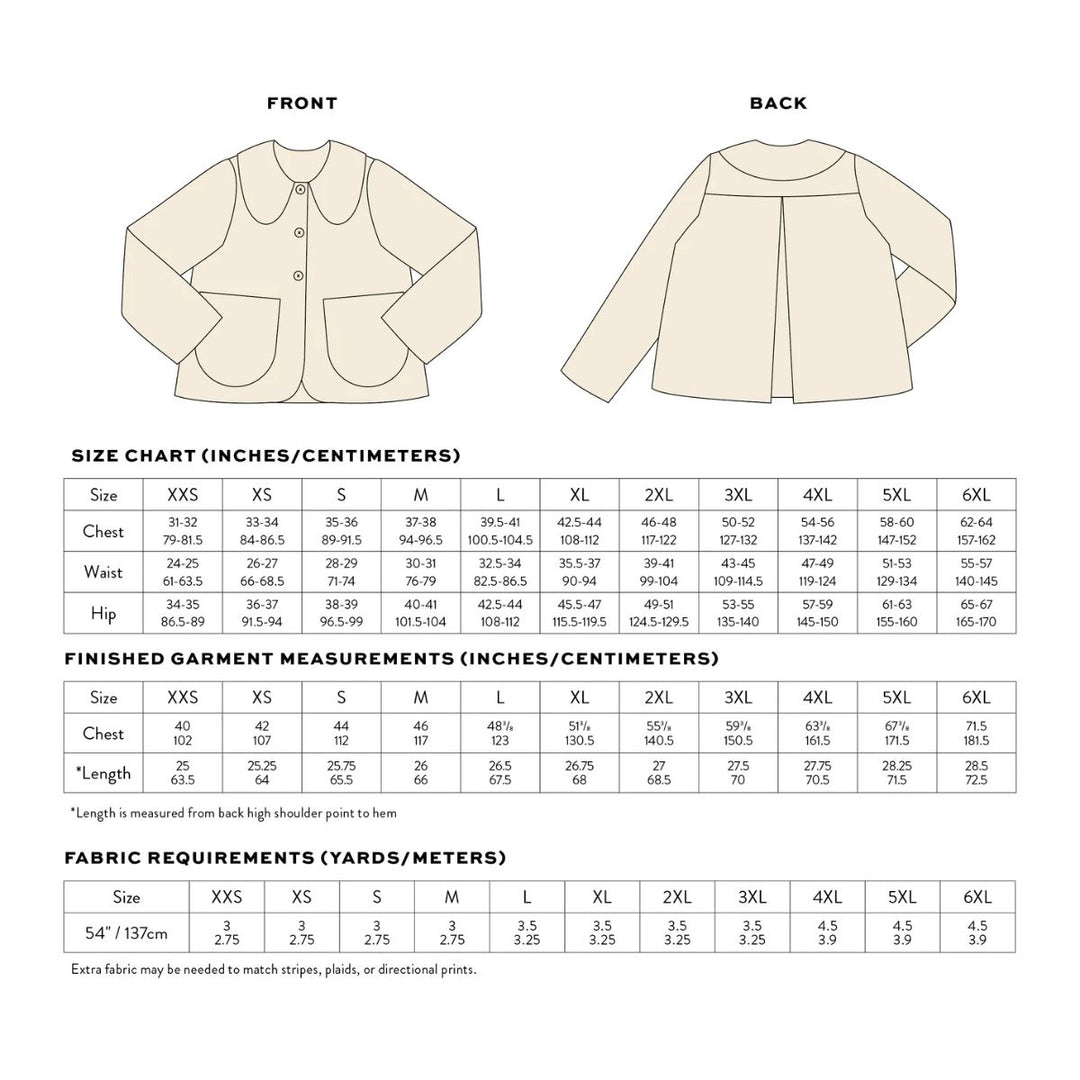 Size chart and fabric requirements for a garment with measurements in inches and centimeters.
