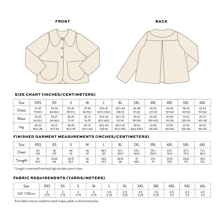 Size chart and fabric requirements for a garment with measurements in inches and centimeters.