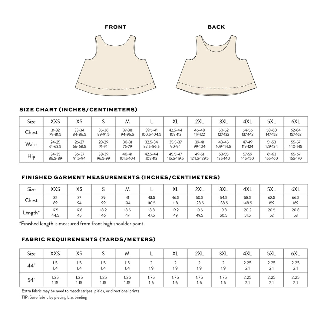 A size chart and measurement table for a tank top, labeled FRONT and BACK, with columns for size, chest, waist, hip, length, and fabric requirements in inches and centimeters.