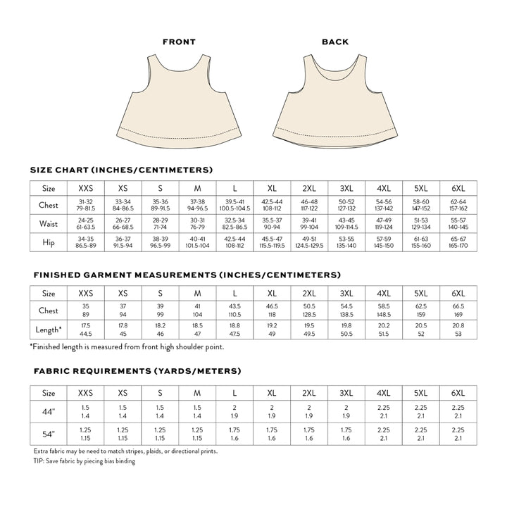 A size chart and measurement table for a tank top, labeled FRONT and BACK, with columns for size, chest, waist, hip, length, and fabric requirements in inches and centimeters.