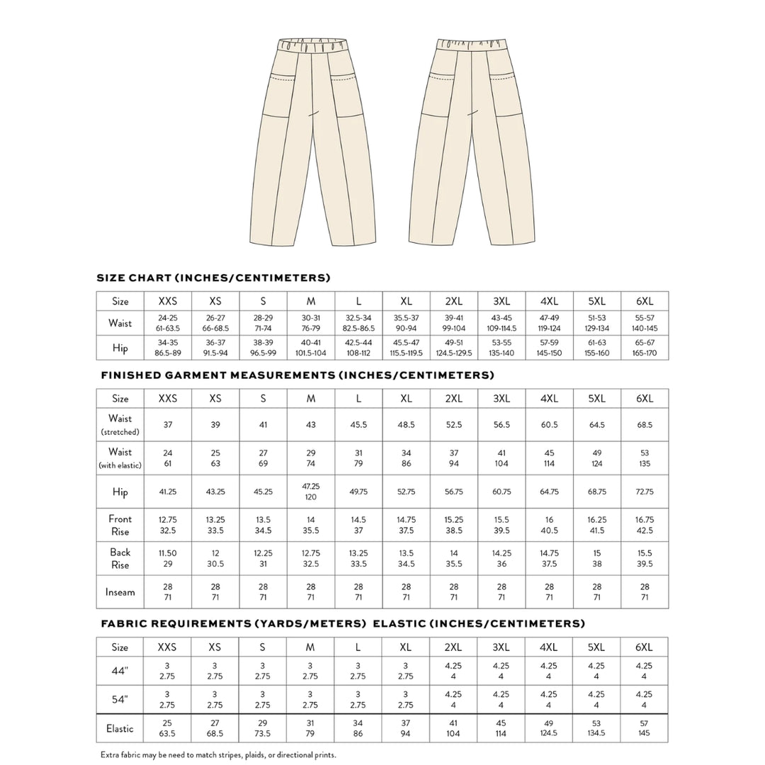 Size chart for pants with measurements in inches and centimeters on a white background