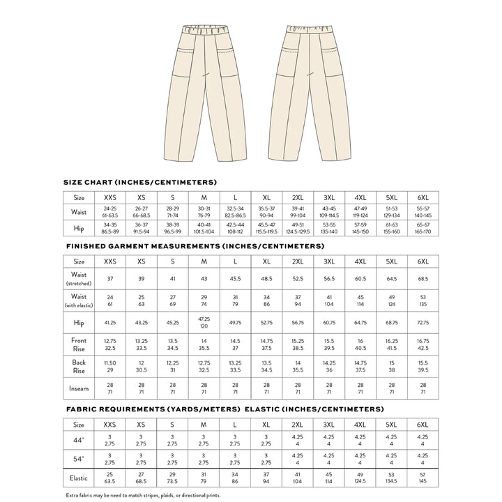 Size chart for pants with measurements in inches and centimeters on a white background