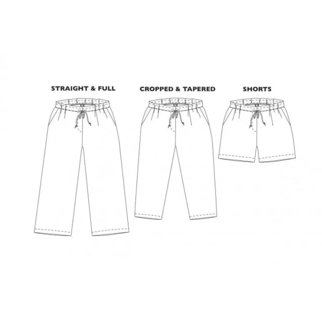 Illustrations of different types of pants labeled 'Straight & Full', 'Cropped & Tapered', and 'Shorts' on a white background.